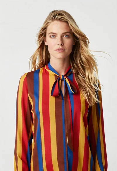 Fair blonde woman in striped blouse against a seamless white studio background