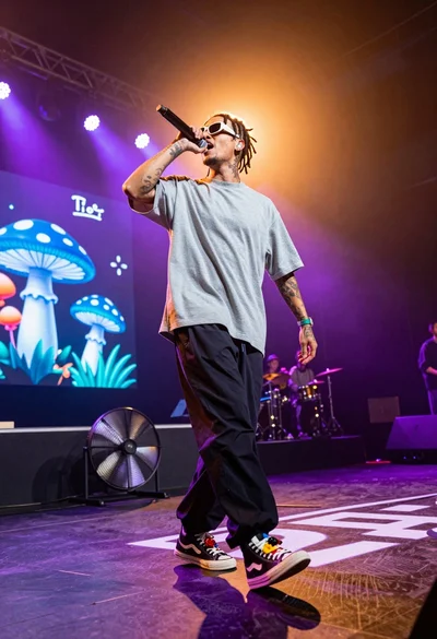 Low angle shot of male rapper performing energetically on stage with microphone