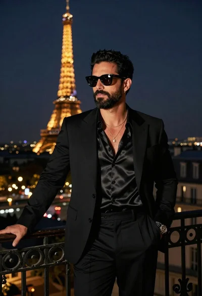 Stylish man on balcony overlooking eiffel tower at night