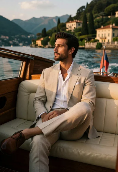 Handsome man in beige linen suit sitting on boat by calm lake