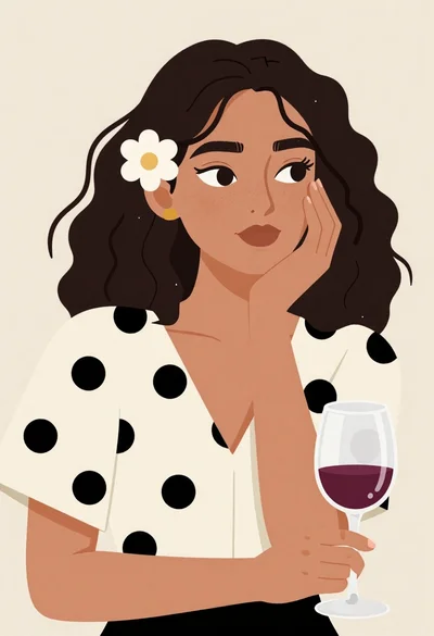 Woman with dark curly hair holding wine glass