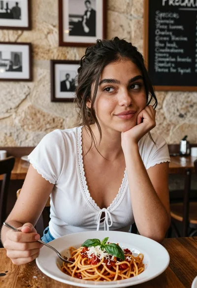 Young woman at rustic table with pasta in cozy italian restaurant setting