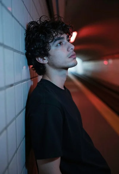 Young man leaning against tiled subway wall in dramatic low angle shot