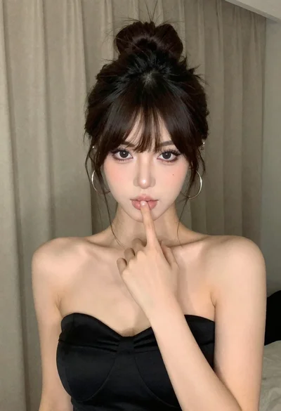Woman in black dress posing with finger on lips