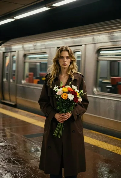 Woman with blonde hair holding flowers on a subway platform