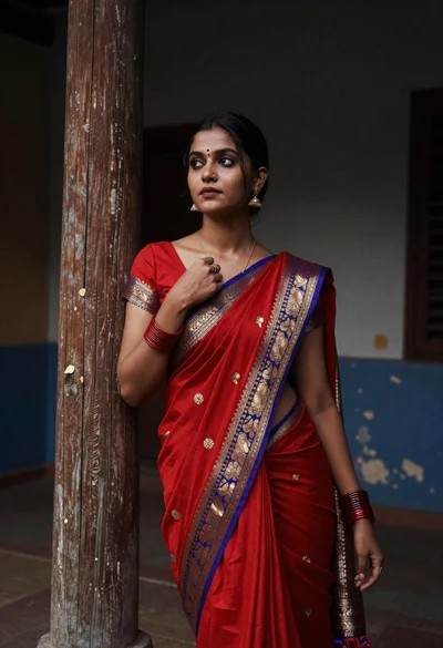 Portrait of young woman in red saree against weathered wooden pillar