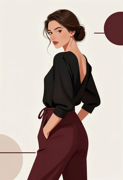Woman looking over shoulder wearing black top and burgundy trousers against geometric