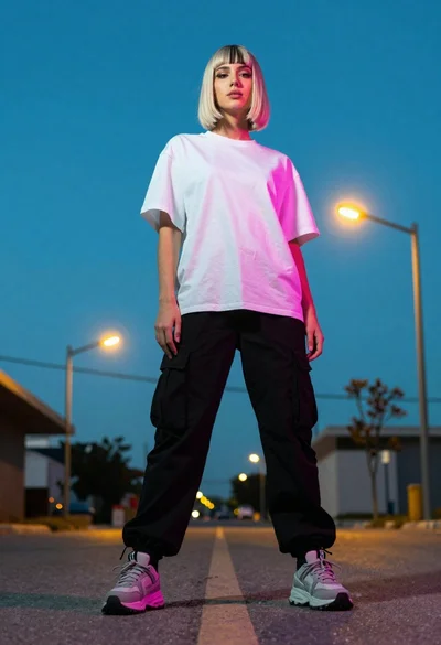 Model in white t shirt and cargo pants at twilight