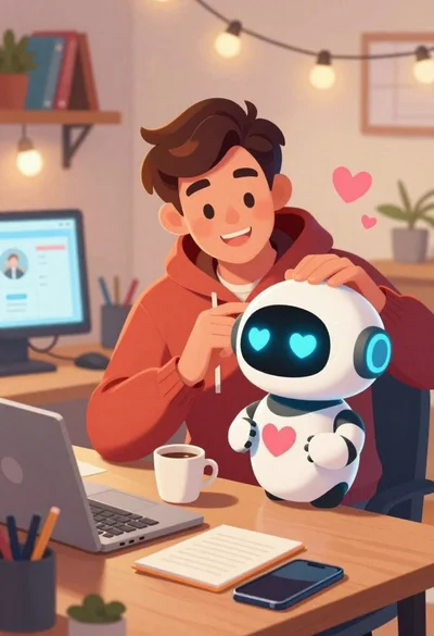 Young man with brown hair sitting at desk with white robot
