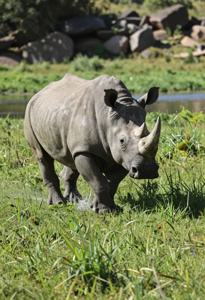 Low angle shot of rhinoceros running through lush green grassy field splashing