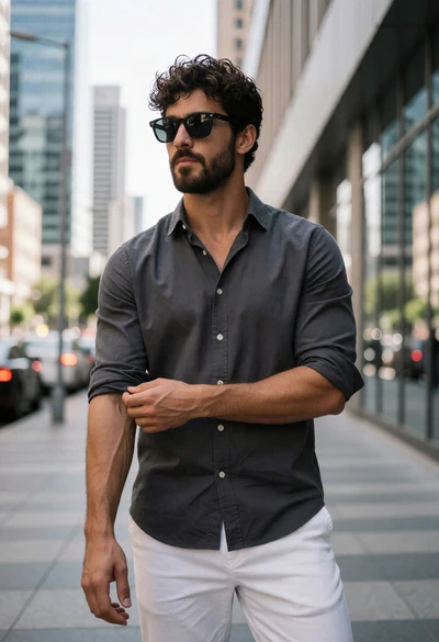 Handsome man rolling sleeve on urban sidewalk against modern skyscraper facade