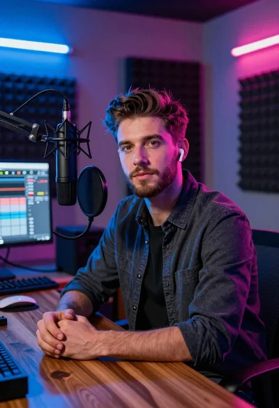 Young man with beard sitting at wooden desk in recording studio