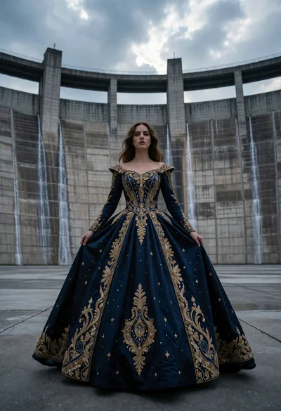 Woman in dark blue ballgown against massive concrete dam under overcast sky