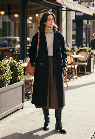 Stylish woman in black coat stands on city sidewalk near cafe