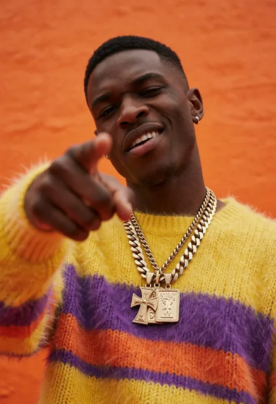 Low angle portrait of young black man pointing playfully against orange wall