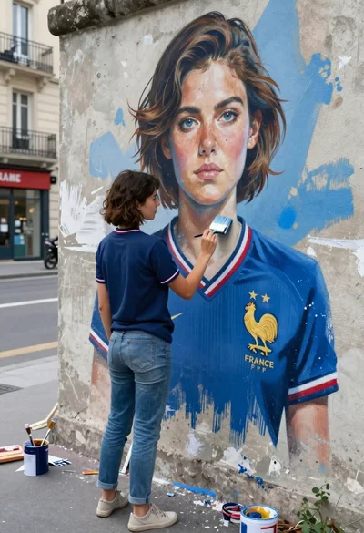 Young woman painting giant mural of herself on weathered concrete wall outdoors
