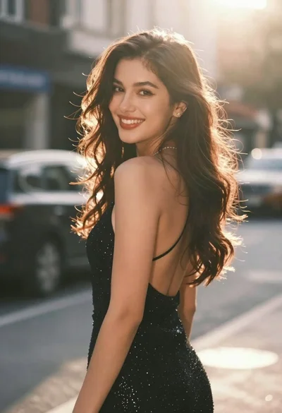 Young woman in sparkly black dress looking over shoulder outdoors