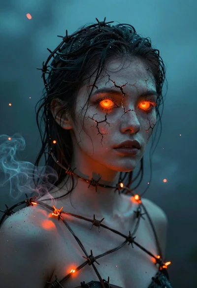Portrait of woman with glowing eyes and barbed wire