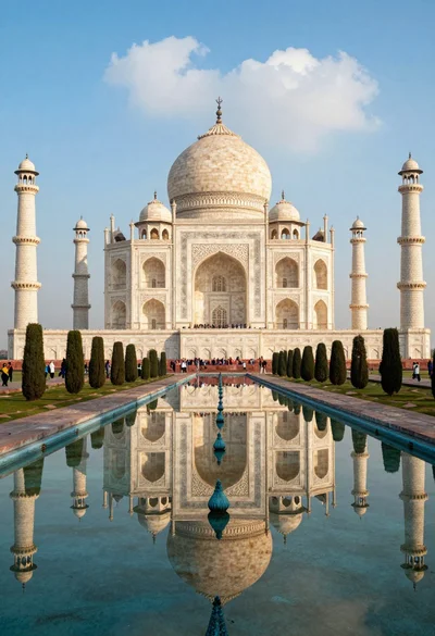 Majestic view of taj mahal reflecting perfectly in long calm pool water