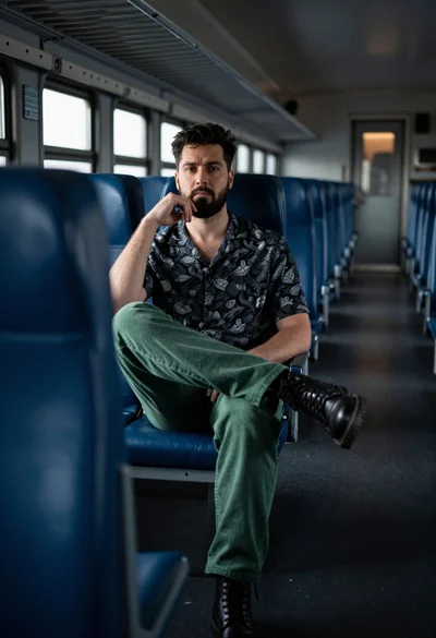 Man posing confidently inside train carriage with blue seats and window