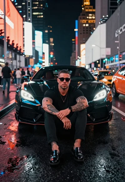 Muscular man by black sports car on wet city street