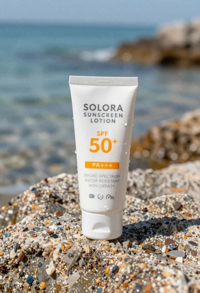White sunscreen lotion tube on a sunlit rock at the beach