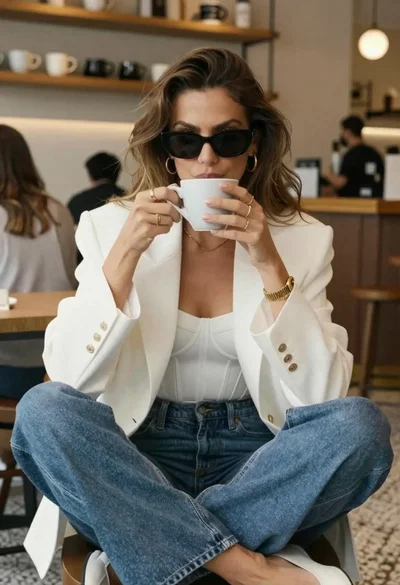 Confident woman in white blazer at modern cafe