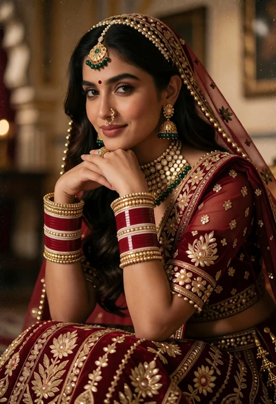 Close up portrait of woman in ornate maroon bridal lehenga indoors