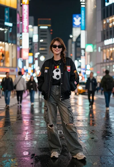 Young woman in black bomber jacket stands on a busy city street