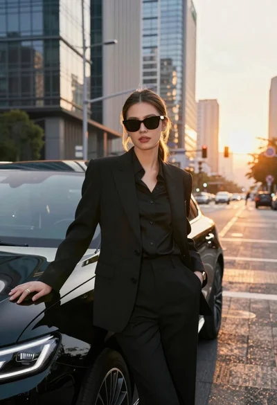 Confident woman in black suit leaning on car at sunset city street