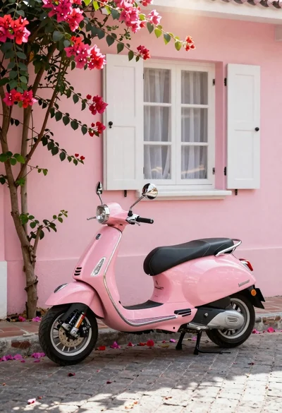 Pink vespa scooter on cobblestone street with bougainvillea