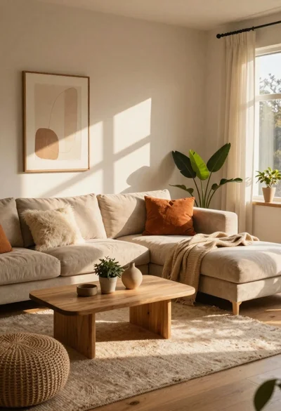 Cozy living room interior bathed in warm sunlight