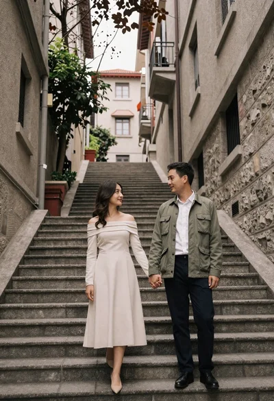 Romantic couple holding hands on grand stone staircase in narrow city alleyway