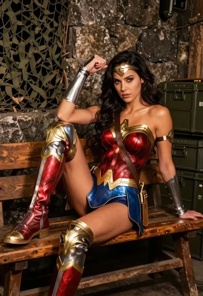 Wonder woman in armor sitting provocatively in a rustic stone room