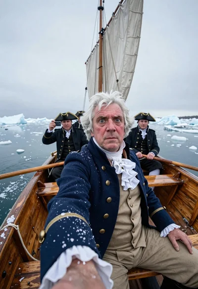 Captain taking selfie in icy wooden rowboat