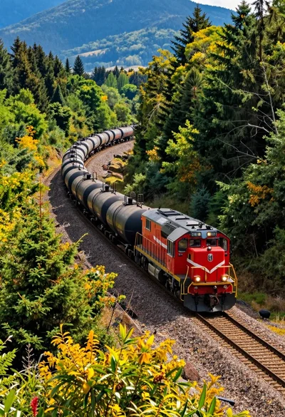 High angle aerial view of freight train through curving forest landscape
