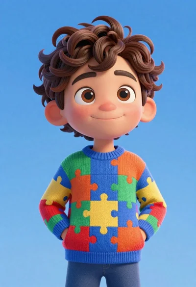 Cheerful young boy in colorful puzzle sweater standing against blue background
