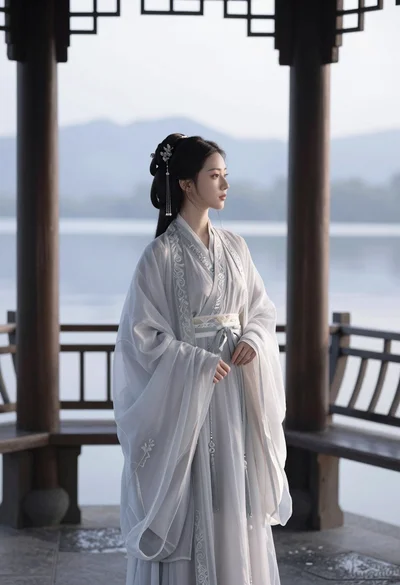 East asian woman in hanfu on wooden balcony overlooking misty lake mountains
