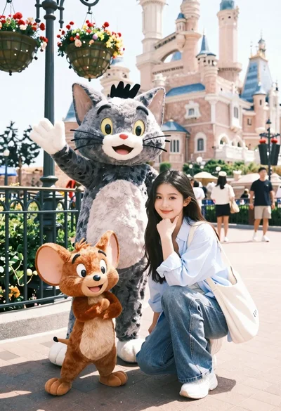 Cheerful woman crouching beside mascot characters in a sunny theme park plaza