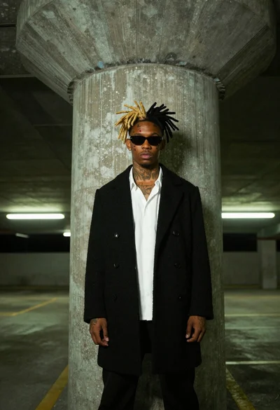 Young black male with tattoos stands against concrete pillar in underground parking
