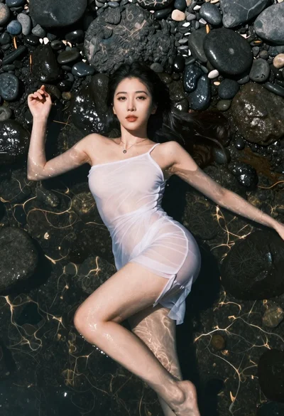 Woman floating in dark pebbles wearing sheer white one shoulder dress