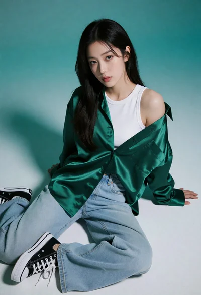 Woman in emerald shirt and jeans seated on white floor against teal