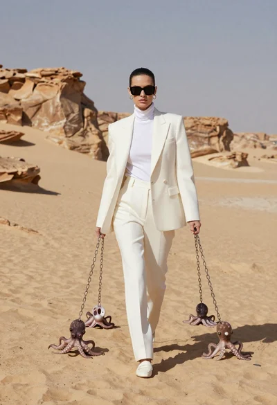 Woman in white pantsuit walking through stark desert landscape