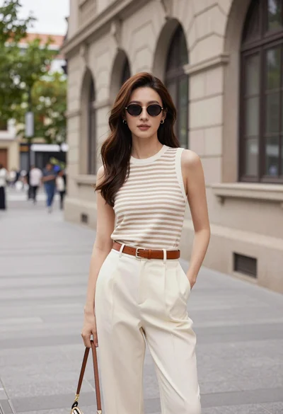 Stylish woman on city sidewalk before beige stone building with trees