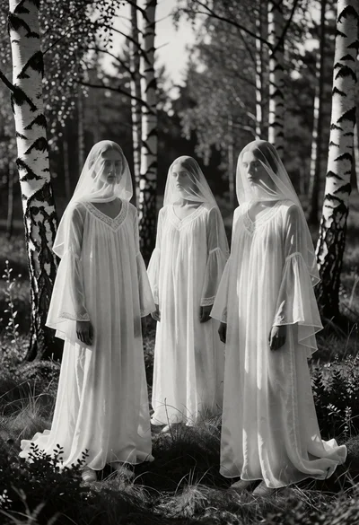Three figures in flowing white robes among birch trees in black and