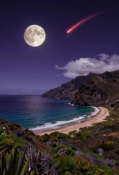 Surreal landscape view of bay under crescent moon and shooting star