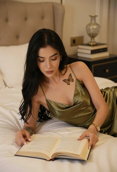 Woman in olive green silk dress and long black hair reading book on bed
