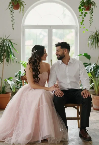 Romantic couple sitting together in a sunlit room filled with plants