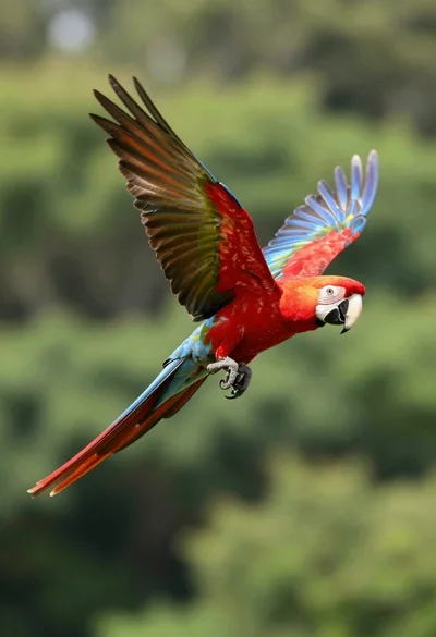 Vibrant scarlet macaw in midflight against a lush green forest backdrop