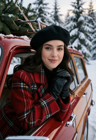 Woman in red plaid coat leaning against vintage car in snowy forest